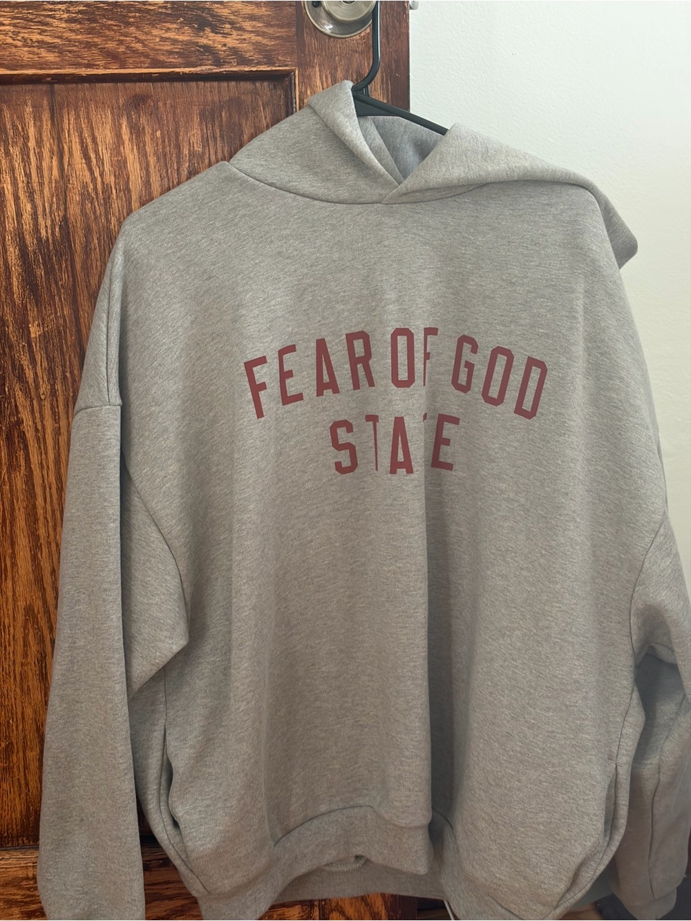 Fear of God Grey Hoodie with Maroon 'FEAR OF GOD' Print